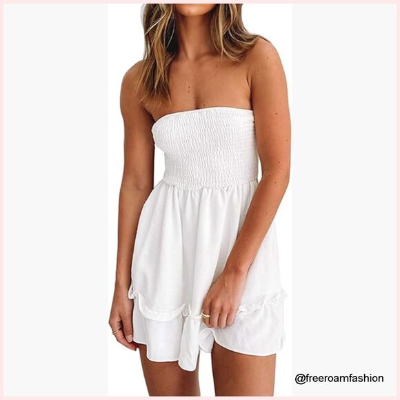 Dresses & Skirts - White Strapless Mini Dress, Ruffle Hem, Beach Summer Fit & Flare